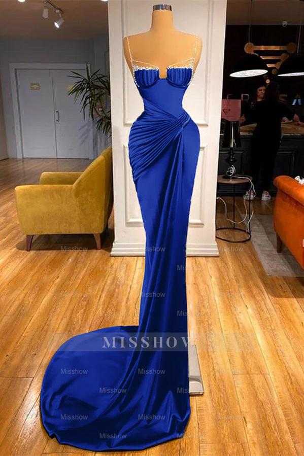 Mermaid Dark Green Spaghetti Strap Sleeveless Long Formal Dress With Beadings