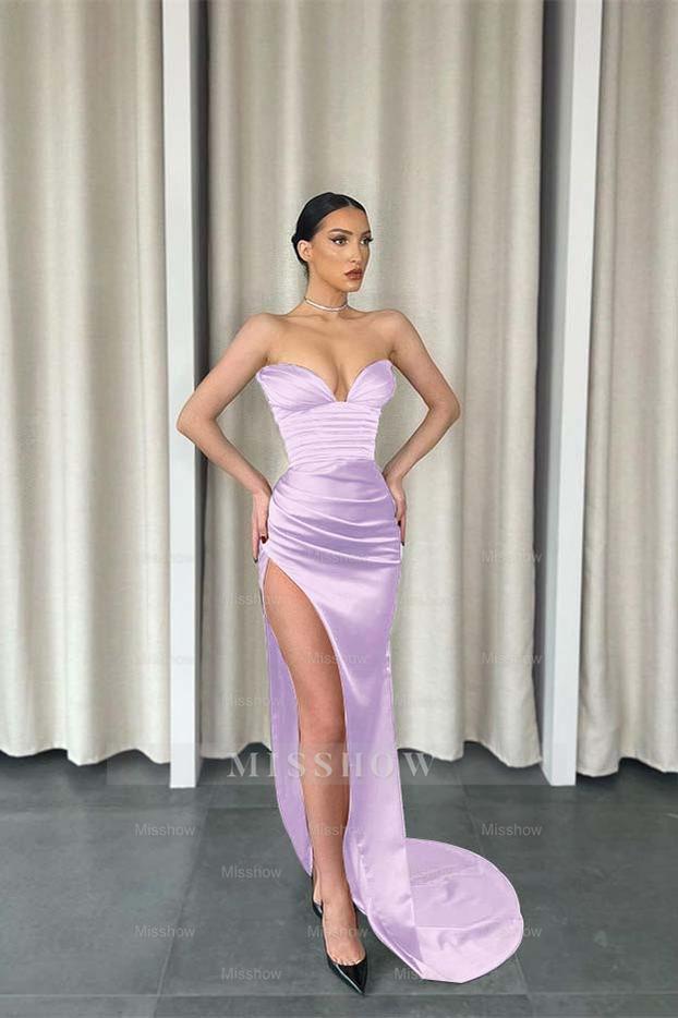 Mermaid Dark Green Sweetheart Sleeveless Pleated Long Formal Dress With Split