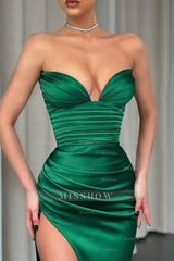 Mermaid Dark Green Sweetheart Sleeveless Pleated Long Formal Dress With Split