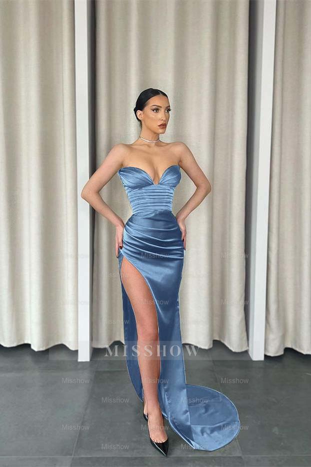 Mermaid Dark Green Sweetheart Sleeveless Pleated Long Formal Dress With Split