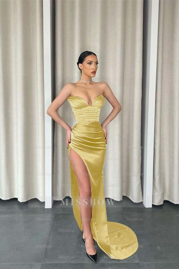 Mermaid Dark Green Sweetheart Sleeveless Pleated Long Formal Dress With Split