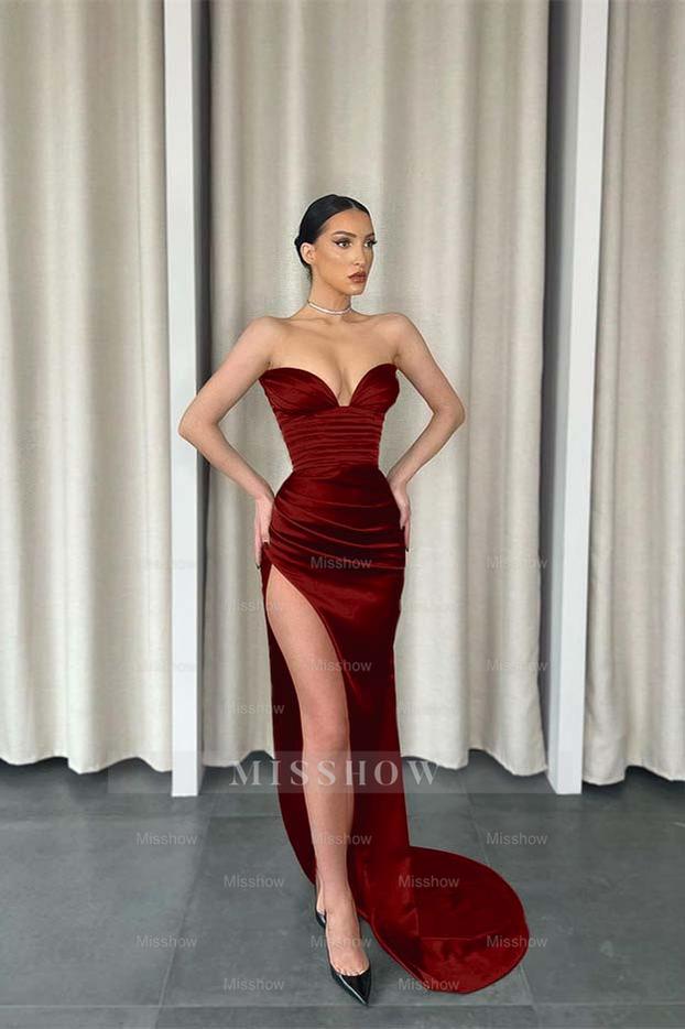 Mermaid Dark Green Sweetheart Sleeveless Pleated Long Formal Dress With Split