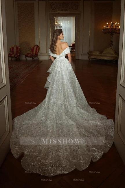 White v-neck sequin mermaid wedding dress