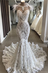 Mermaid Lace Crystals Necklace Wedding Dress Bridal Wears with Feather