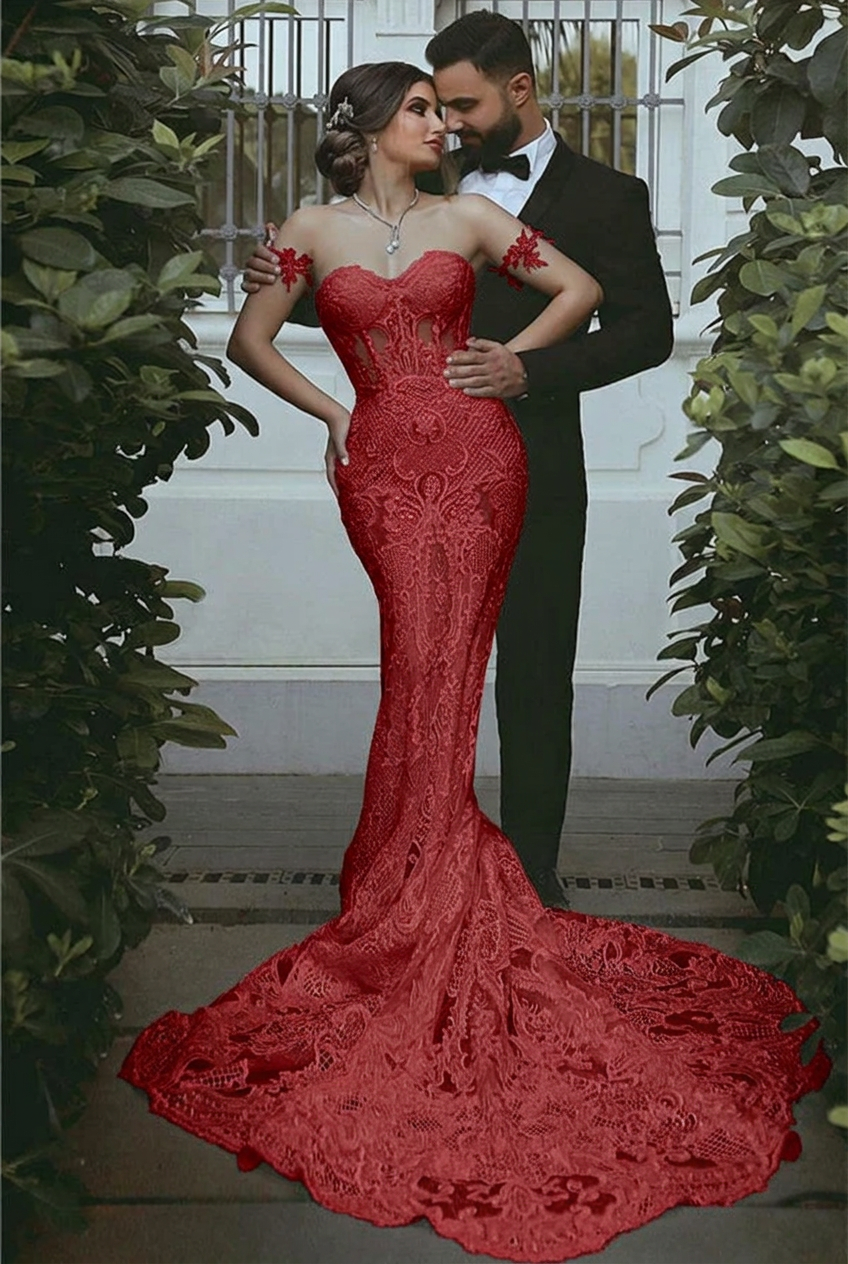 Red sweetheart lace mermaid wedding dress