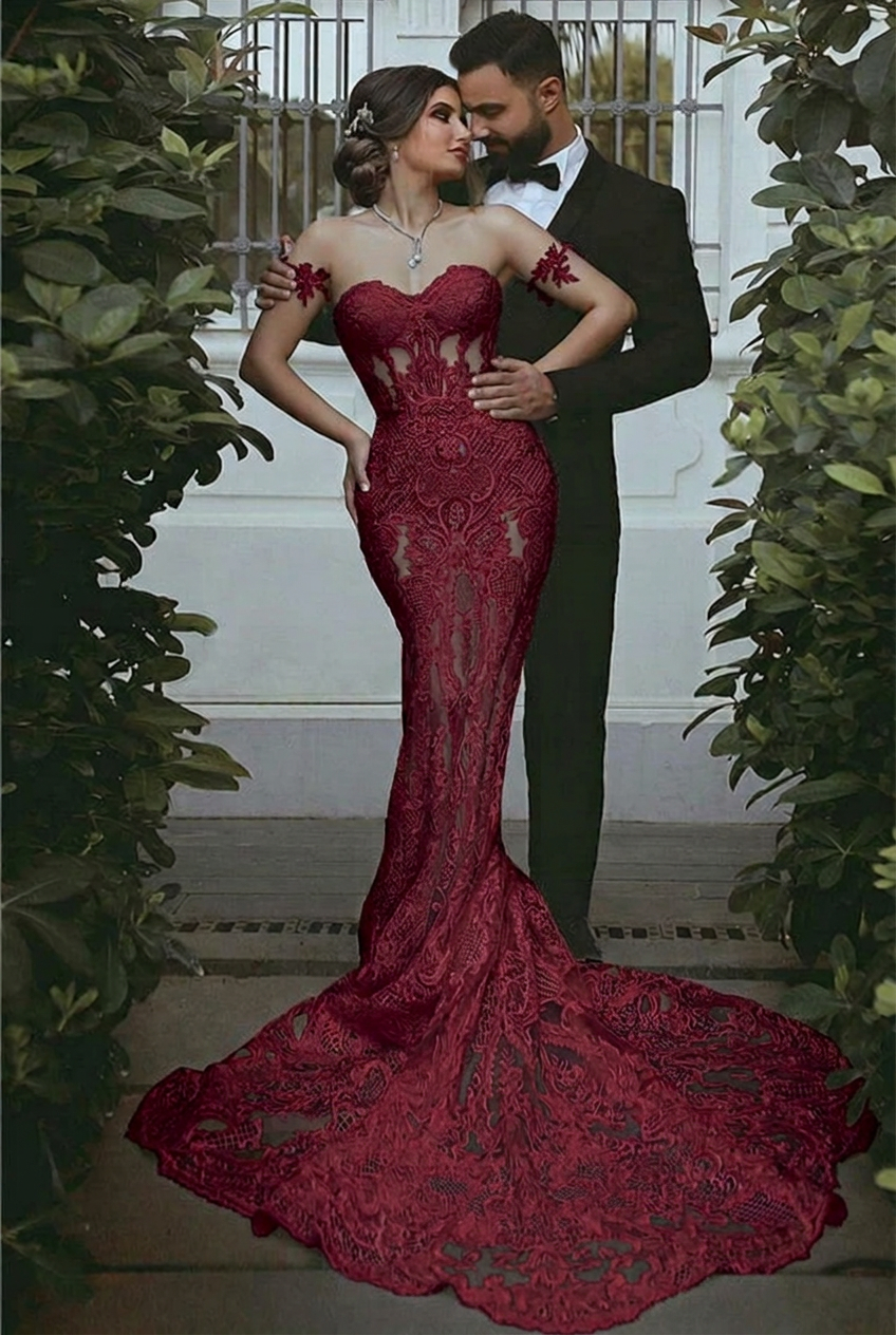 Burgundy sweetheart lace mermaid wedding dress