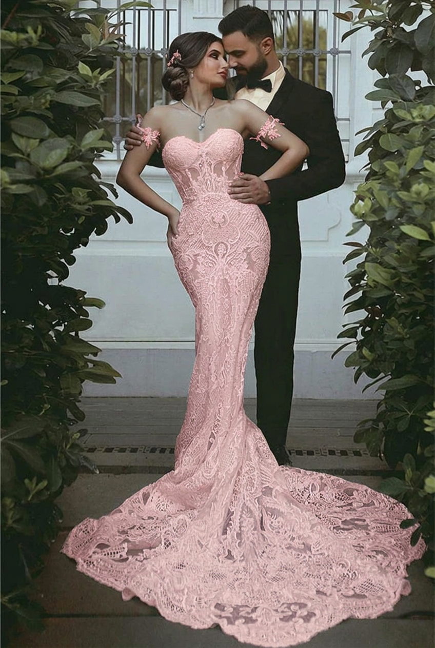 Blushing pink sweetheart lace mermaid wedding dress