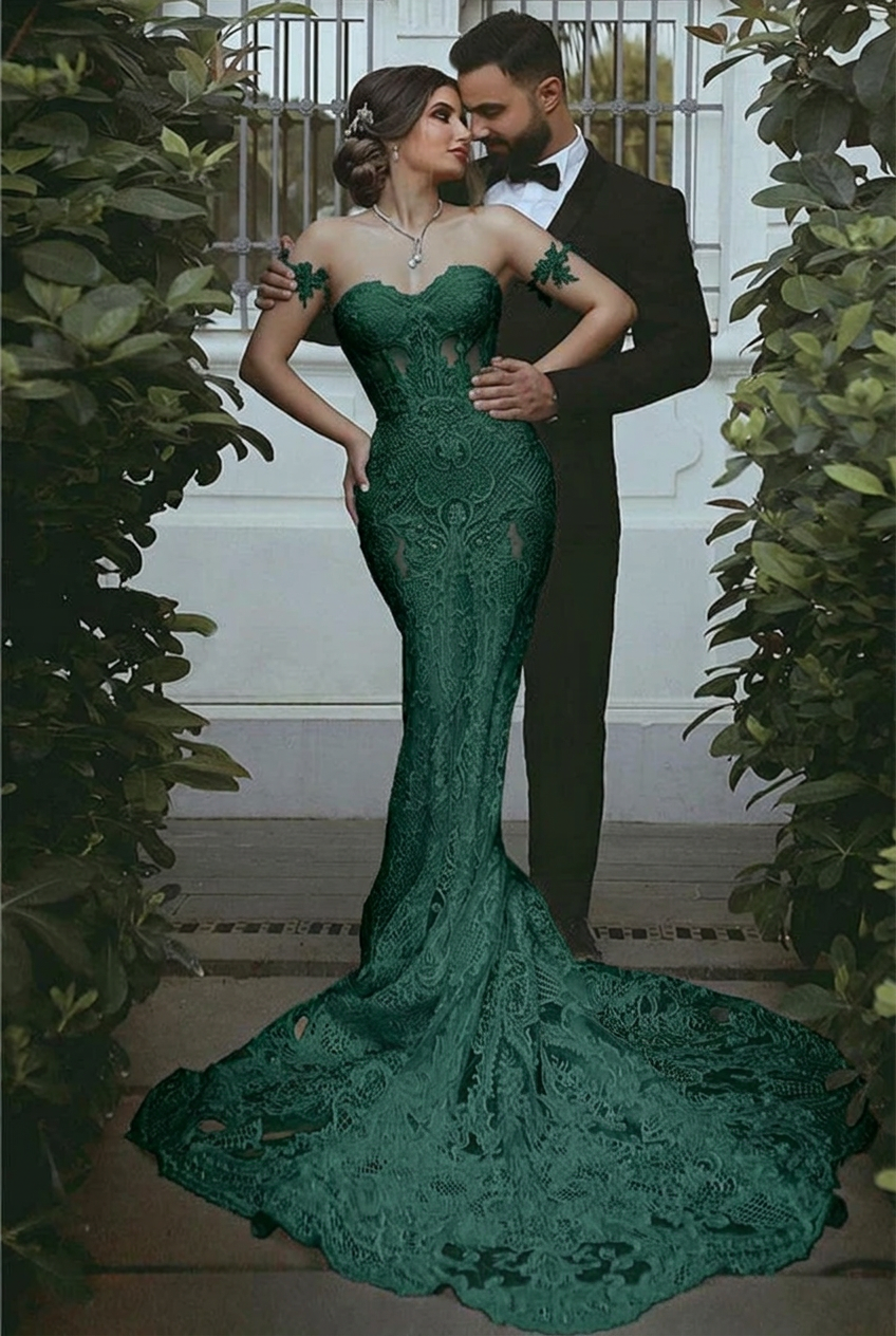 Dark green sweetheart lace mermaid wedding dress