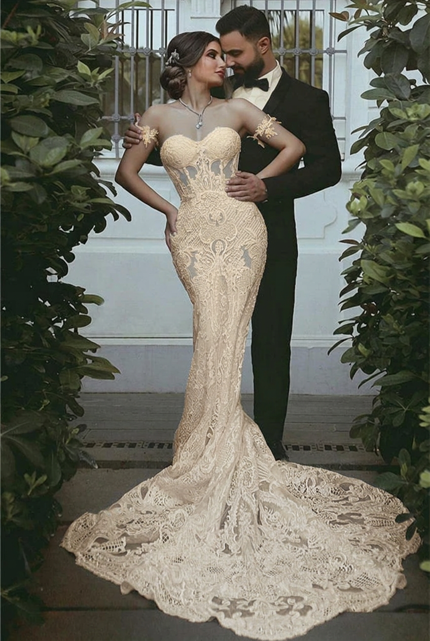 Champagne sweetheart lace mermaid wedding dress