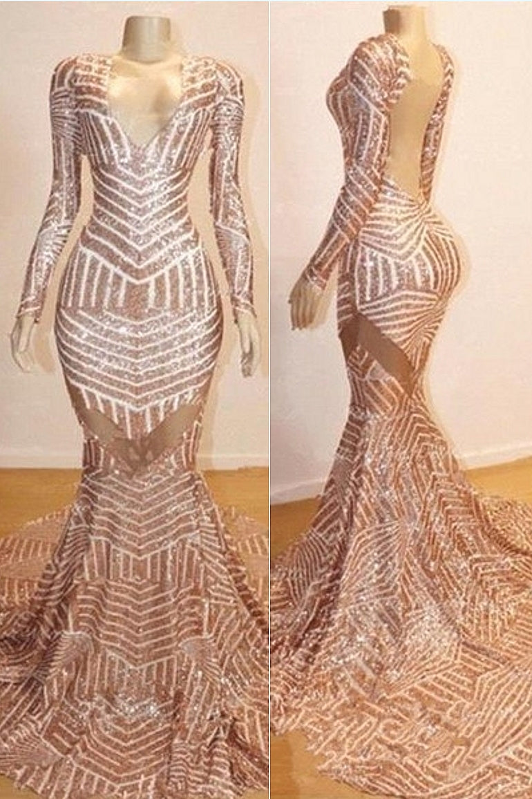 Mermaid Long Sleeves V-neck Sequined Sweep Train Prom Evening Dresses
