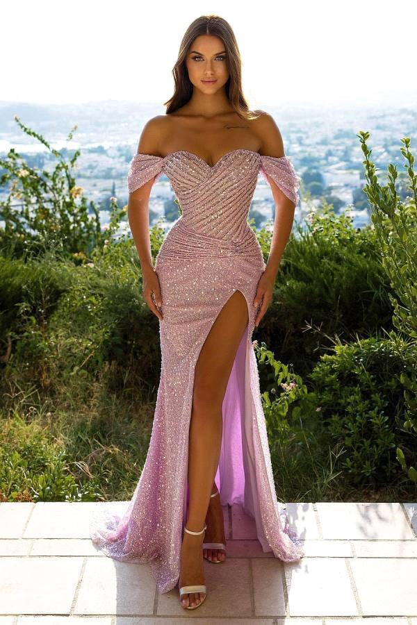 Mermaid Off the Shoulder Strapless Sequins Long Formal Dress With Front Split