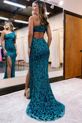 Mermaid One Shoulder Long Prom Dress in Sparkly Peacock Blue with Sequins and Slit