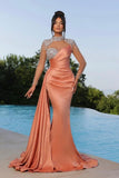 Mermaid Orange Floor-Length High Neck Sweetheart Long Sleeve Prom Dresses with Beadings