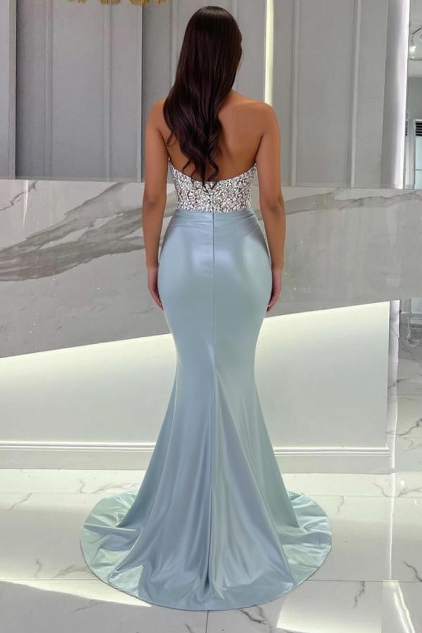 Mermaid Sky Blue Stain Sleeveless Sweetheart Floor-Length Prom Evening Dresses with Beadings