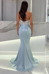 Mermaid Sky Blue Stain Sleeveless Sweetheart Floor-Length Prom Evening Dresses with Beadings
