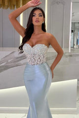Mermaid Sky Blue Stain Sleeveless Sweetheart Floor-Length Prom Evening Dresses with Beadings