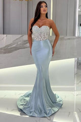 Mermaid Sky Blue Stain Sleeveless Sweetheart Floor-Length Prom Evening Dresses with Beadings