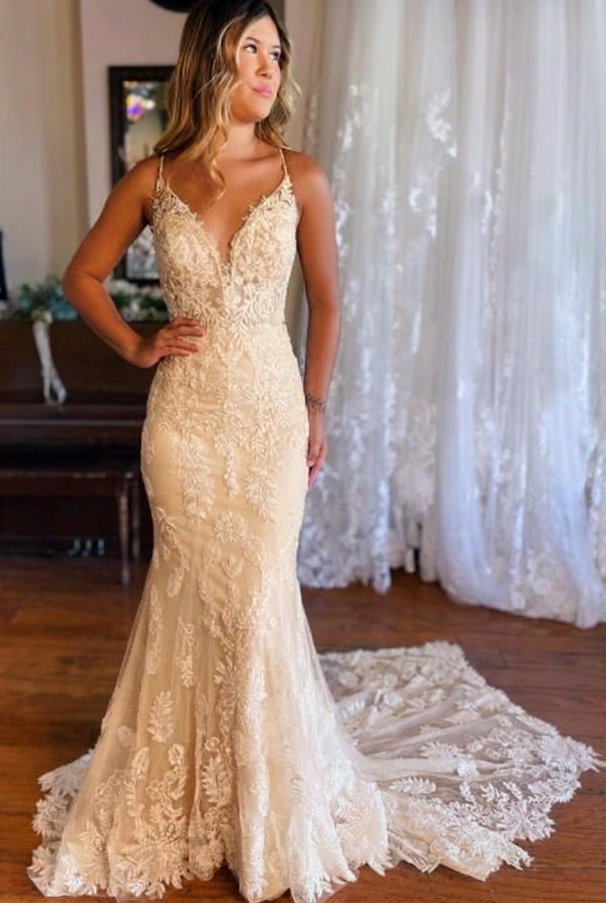 Champagne v-neck applique mermaid wedding dress