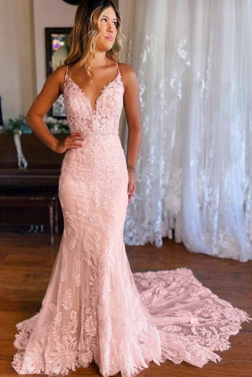 Blushing pink v-neck applique mermaid wedding dress