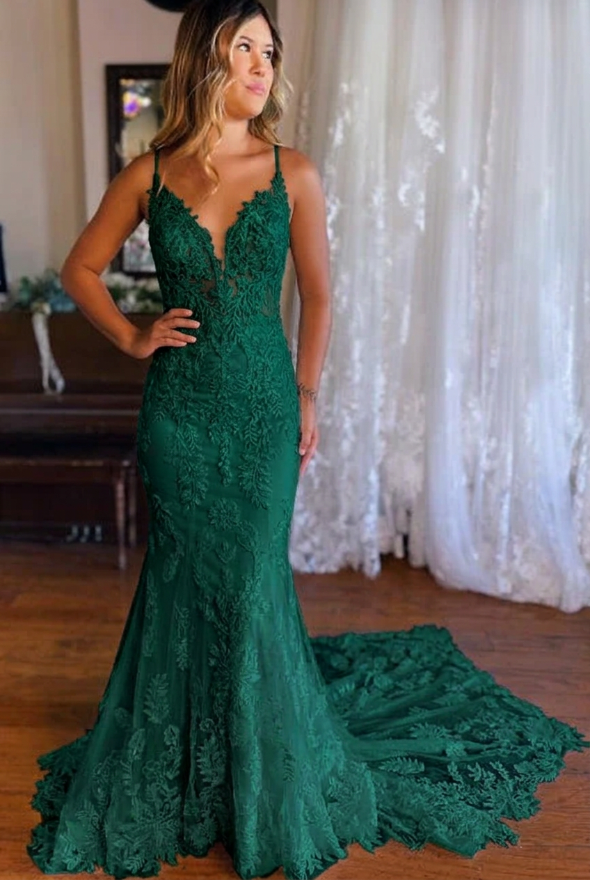 Dark green v-neck applique mermaid wedding dress