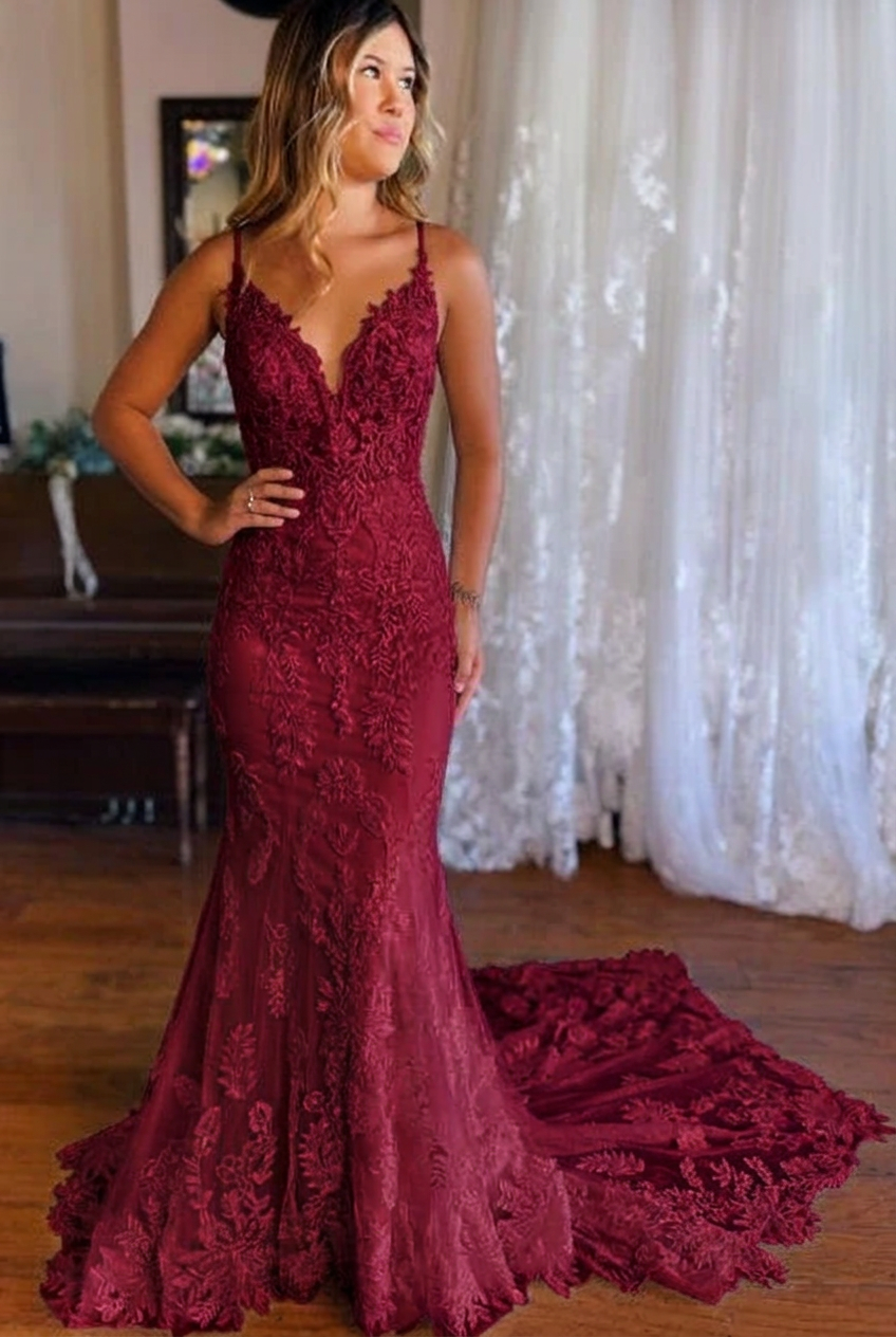 Burgundy v-neck applique mermaid wedding dress