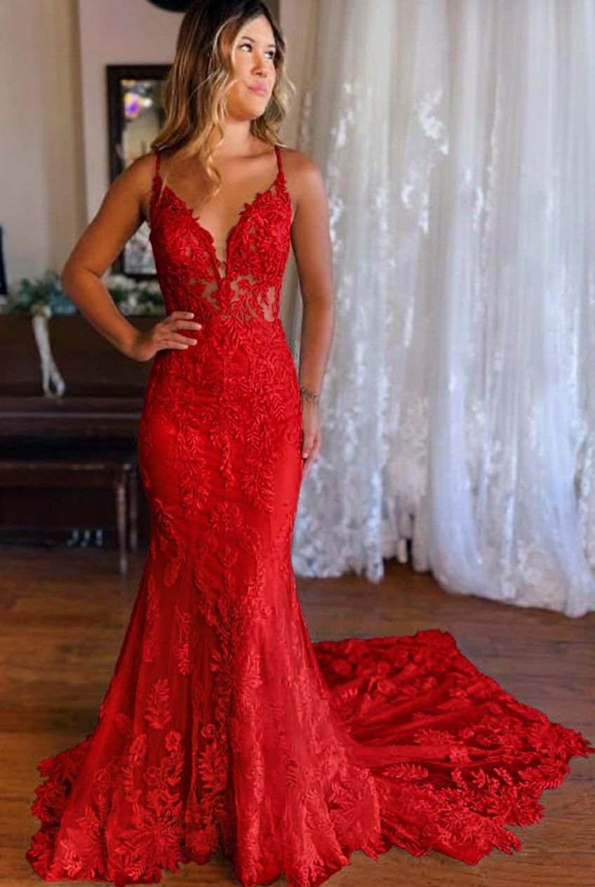 Red v-neck applique mermaid wedding dress
