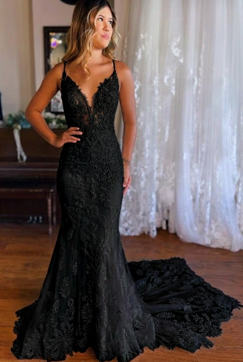 Black v-neck applique mermaid wedding dress