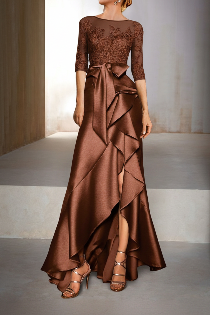 Mermaid / Trumpet Jewel Neck Half Sleeves Floor-Length Mother of the Bride Dresses With Appliques & Bow(s)