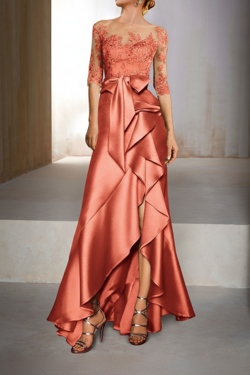 Mermaid / Trumpet Jewel Neck Half Sleeves Floor-Length Mother of the Bride Dresses With Appliques & Bow(s)