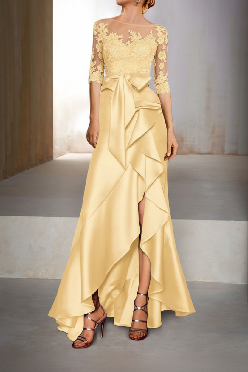 Mermaid / Trumpet Jewel Neck Half Sleeves Floor-Length Mother of the Bride Dresses With Appliques & Bow(s)