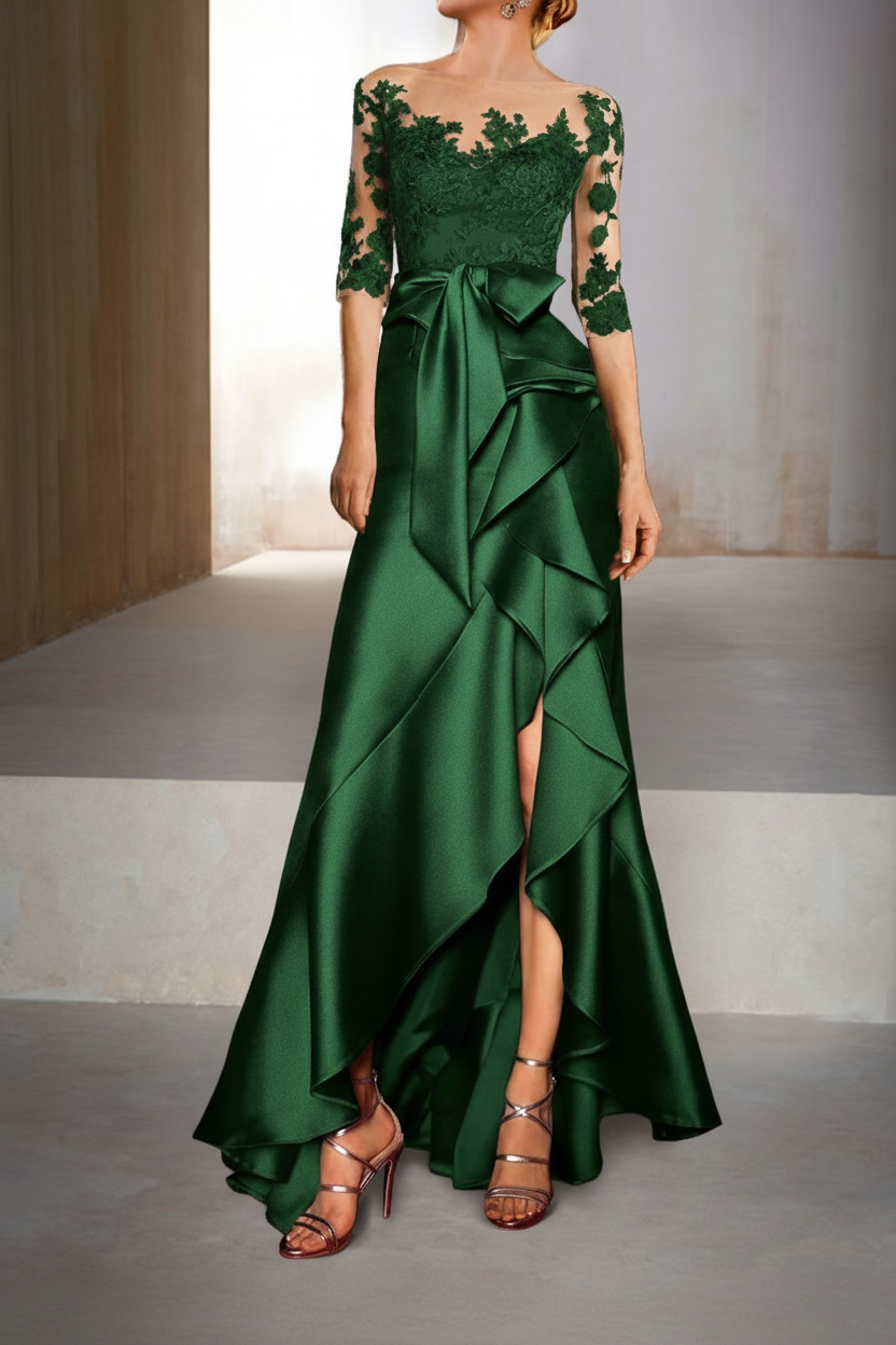 Mermaid / Trumpet Jewel Neck Half Sleeves Floor-Length Mother of the Bride Dresses With Appliques & Bow(s)