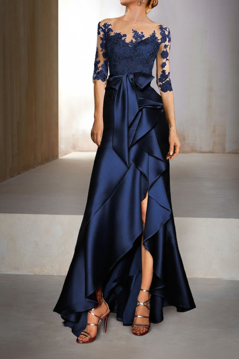 Mermaid / Trumpet Jewel Neck Half Sleeves Floor-Length Mother of the Bride Dresses With Appliques & Bow(s)