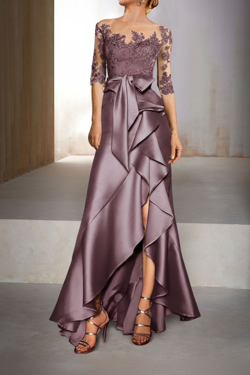 Mermaid / Trumpet Jewel Neck Half Sleeves Floor-Length Mother of the Bride Dresses With Appliques & Bow(s)