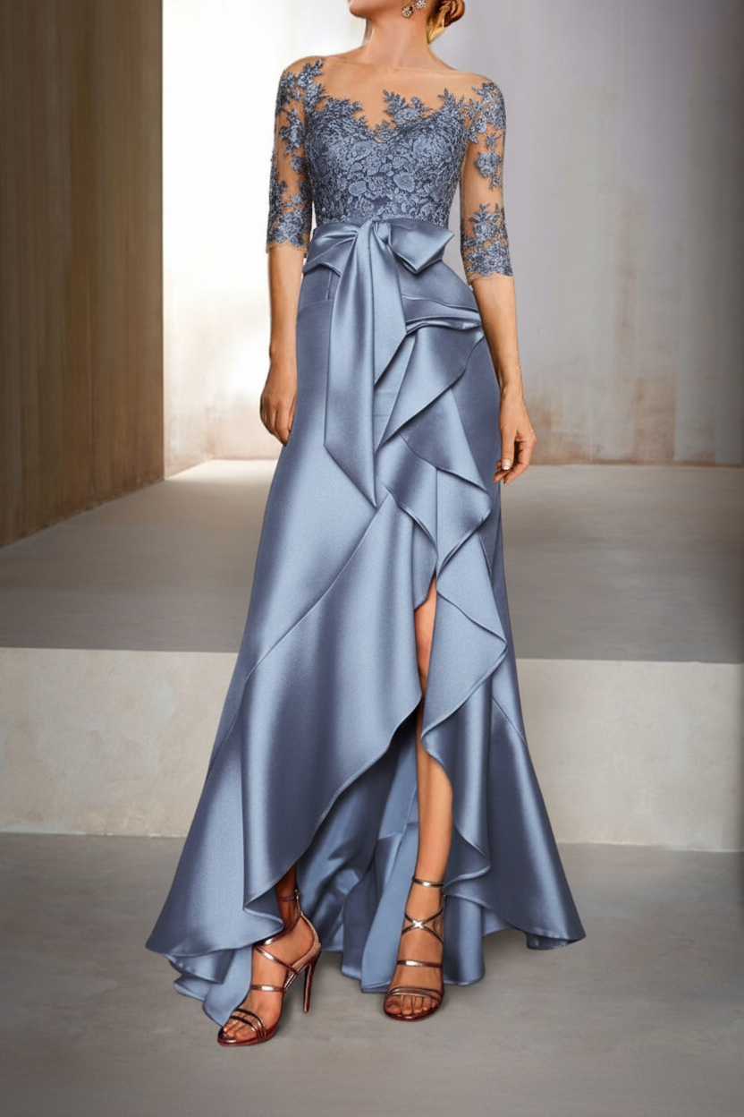 Mermaid / Trumpet Jewel Neck Half Sleeves Floor-Length Mother of the Bride Dresses With Appliques & Bow(s)