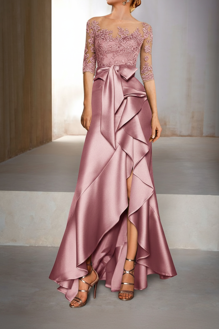Mermaid / Trumpet Jewel Neck Half Sleeves Floor-Length Mother of the Bride Dresses With Appliques & Bow(s)