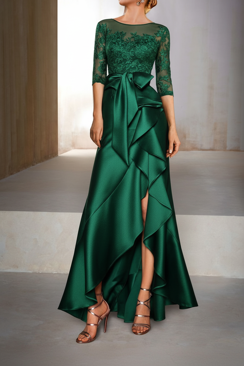 Mermaid / Trumpet Jewel Neck Half Sleeves Floor-Length Mother of the Bride Dresses With Appliques & Bow(s)