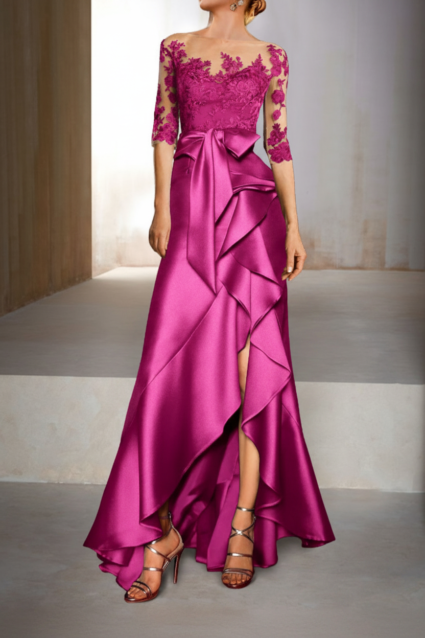 Mermaid / Trumpet Jewel Neck Half Sleeves Floor-Length Mother of the Bride Dresses With Appliques & Bow(s)