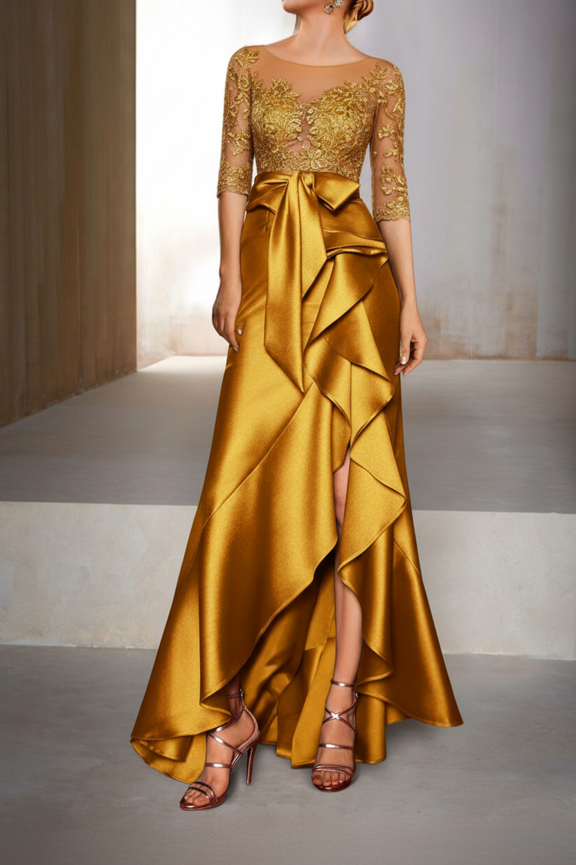 Mermaid / Trumpet Jewel Neck Half Sleeves Floor-Length Mother of the Bride Dresses With Appliques & Bow(s)