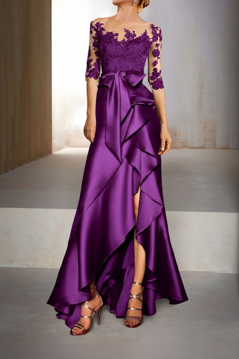 Mermaid / Trumpet Jewel Neck Half Sleeves Floor-Length Mother of the Bride Dresses With Appliques & Bow(s)