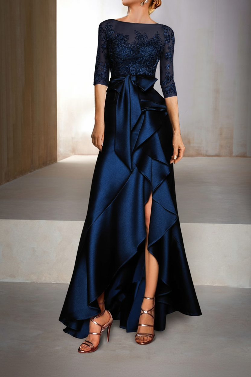 Mermaid / Trumpet Jewel Neck Half Sleeves Floor-Length Mother of the Bride Dresses With Appliques & Bow(s)