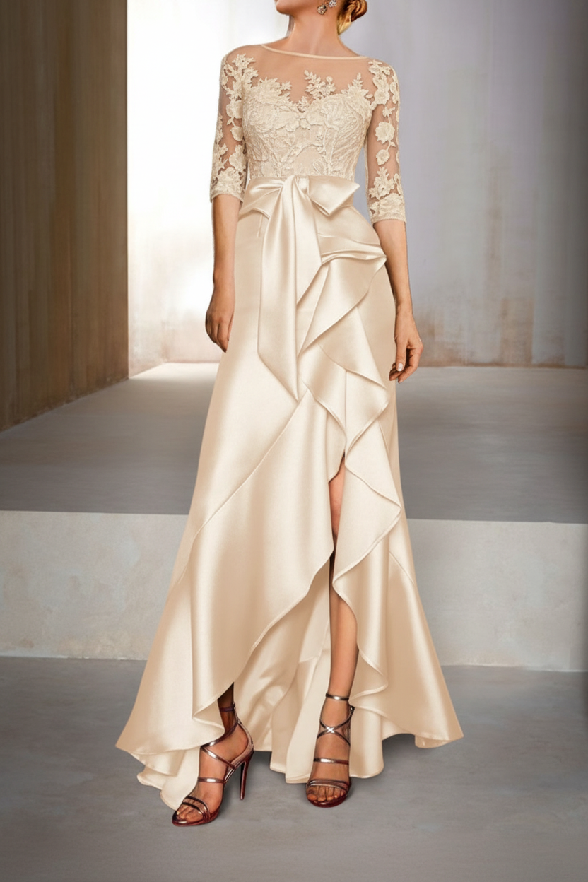Mermaid / Trumpet Jewel Neck Half Sleeves Floor-Length Mother of the Bride Dresses With Appliques & Bow(s)