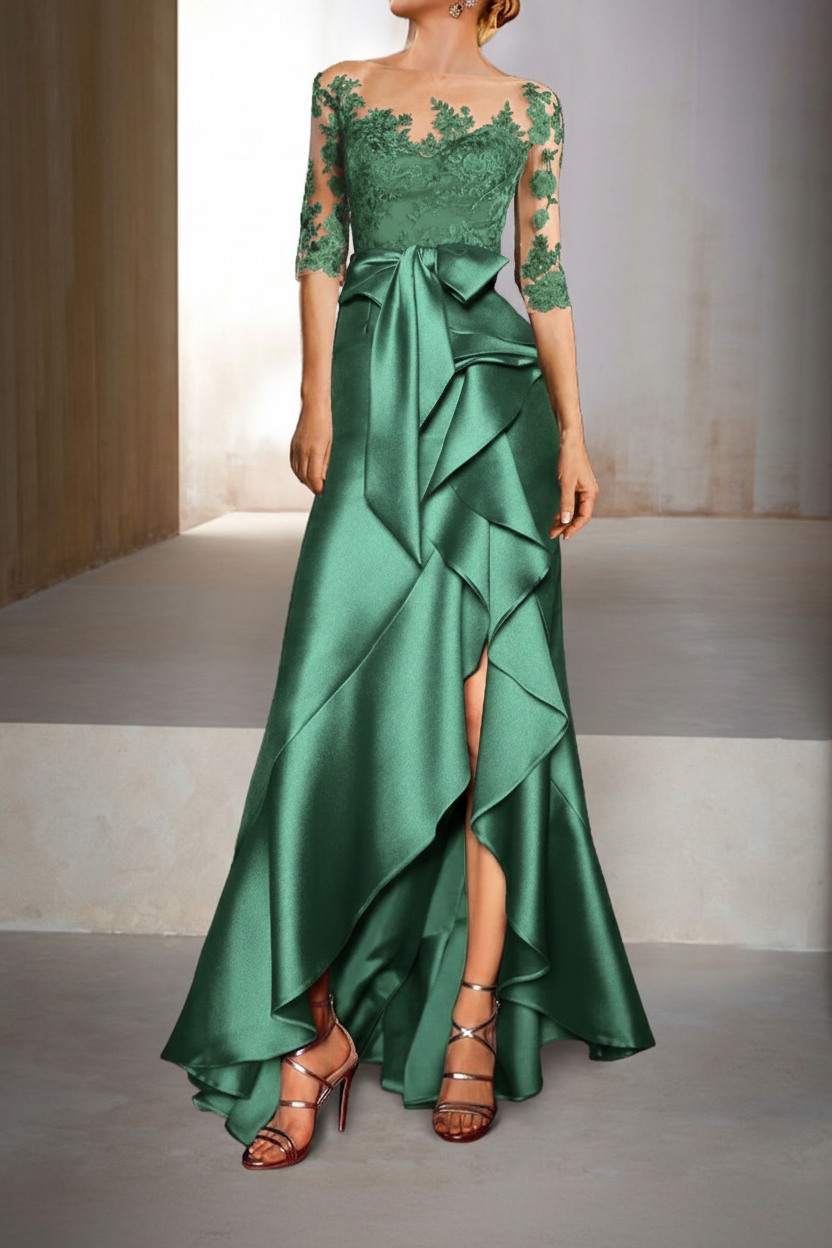 Mermaid / Trumpet Jewel Neck Half Sleeves Floor-Length Mother of the Bride Dresses With Appliques & Bow(s)