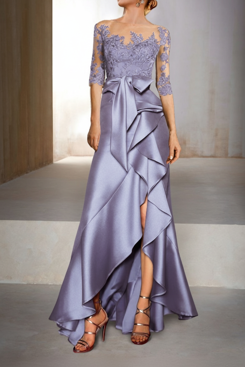 Mermaid / Trumpet Jewel Neck Half Sleeves Floor-Length Mother of the Bride Dresses With Appliques & Bow(s)