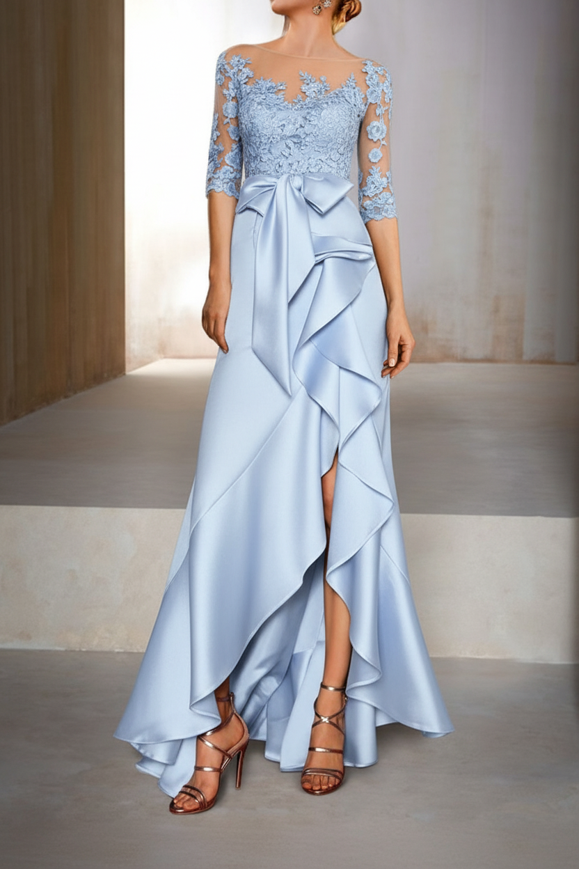 Mermaid / Trumpet Jewel Neck Half Sleeves Floor-Length Mother of the Bride Dresses With Appliques & Bow(s)