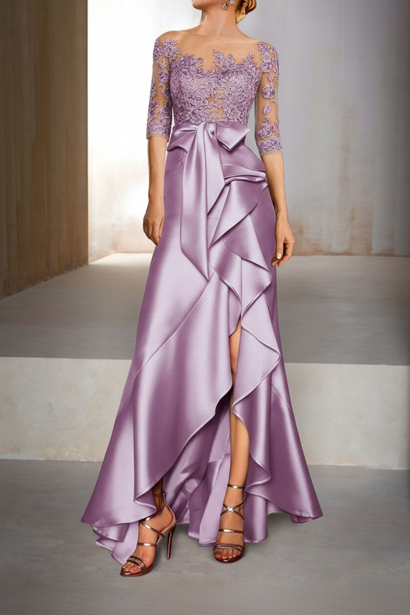 Mermaid / Trumpet Jewel Neck Half Sleeves Floor-Length Mother of the Bride Dresses With Appliques & Bow(s)