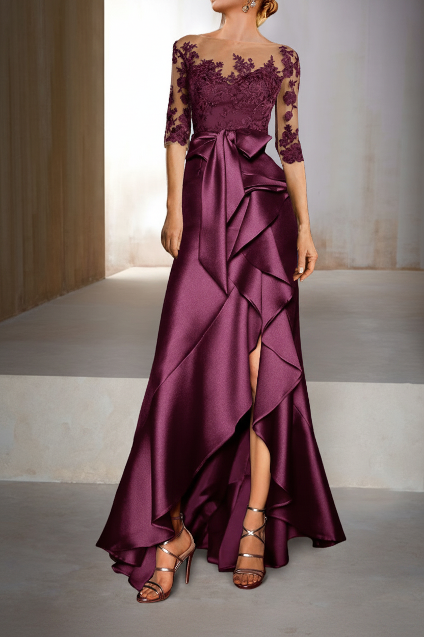Mermaid / Trumpet Jewel Neck Half Sleeves Floor-Length Mother of the Bride Dresses With Appliques & Bow(s)