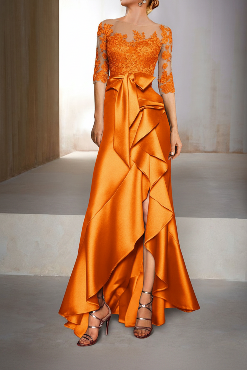Mermaid / Trumpet Jewel Neck Half Sleeves Floor-Length Mother of the Bride Dresses With Appliques & Bow(s)