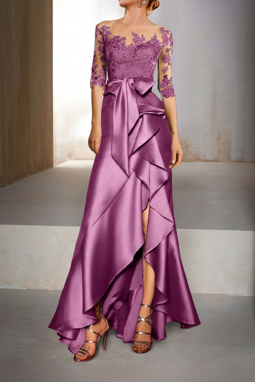 Mermaid / Trumpet Jewel Neck Half Sleeves Floor-Length Mother of the Bride Dresses With Appliques & Bow(s)