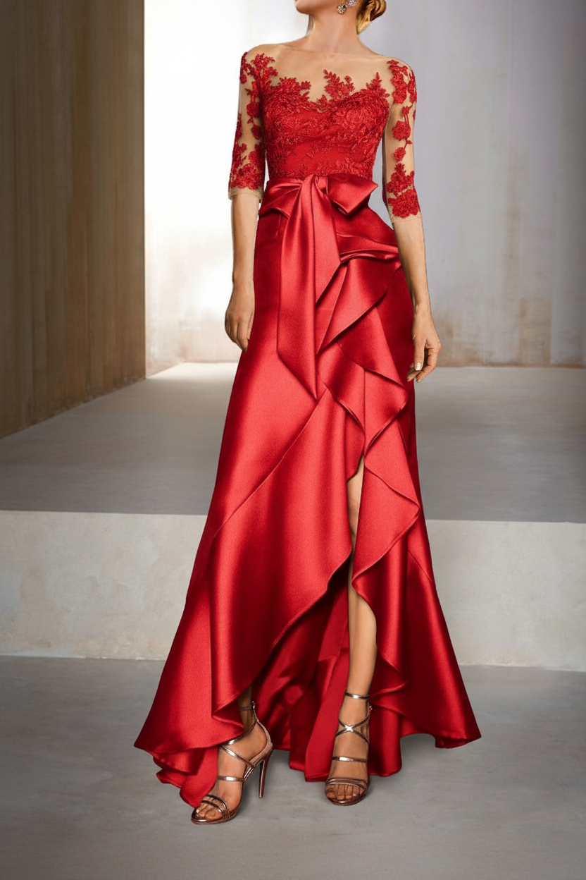 Mermaid / Trumpet Jewel Neck Half Sleeves Floor-Length Mother of the Bride Dresses With Appliques & Bow(s)