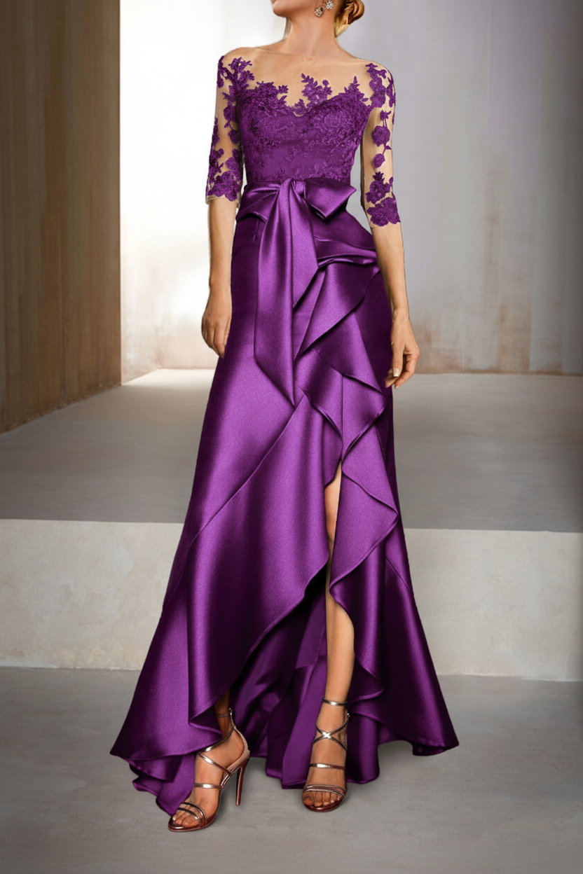 Mermaid / Trumpet Jewel Neck Half Sleeves Floor-Length Mother of the Bride Dresses With Appliques & Bow(s)